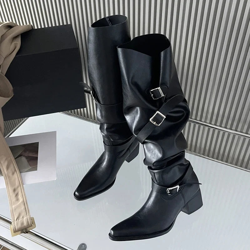 Punk Style Designer Square Heels Buckle Strap Shoes Knee High Boots