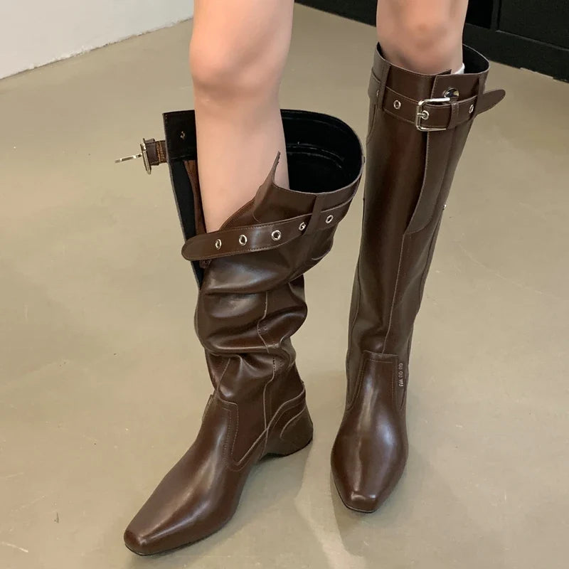 Street Style Wedges Heels Belt Buckle Designer Knee High Boots