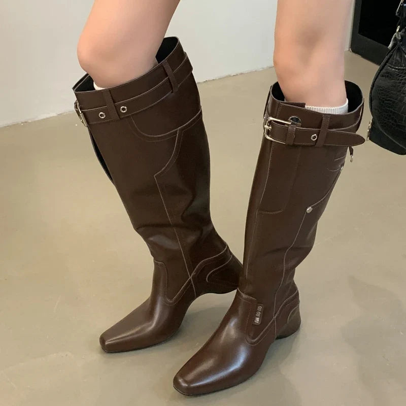 Street Style Wedges Heels Belt Buckle Designer Knee High Boots