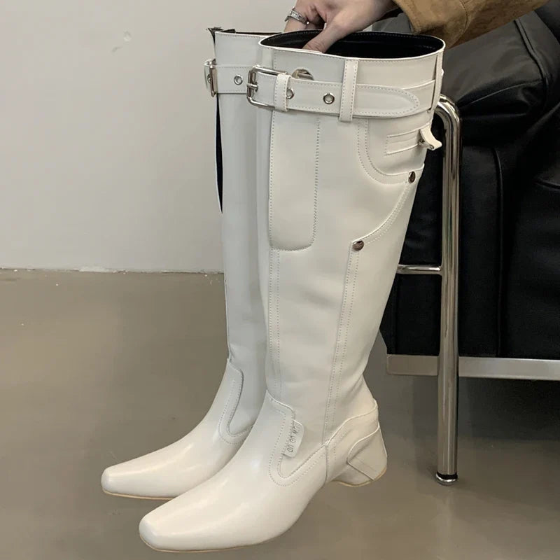 Street Style Wedges Heels Belt Buckle Designer Knee High Boots