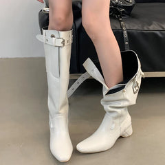 Street Style Wedges Heels Belt Buckle Designer Knee High Boots