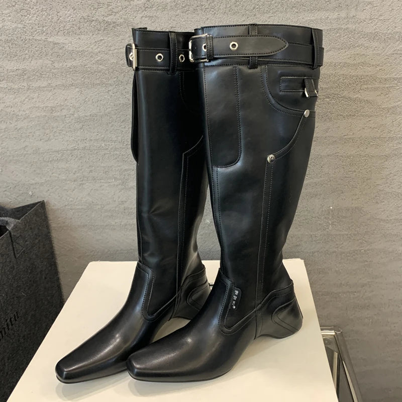 Street Style Wedges Heels Belt Buckle Designer Knee High Boots