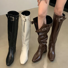 Street Style Wedges Heels Belt Buckle Designer Knee High Boots