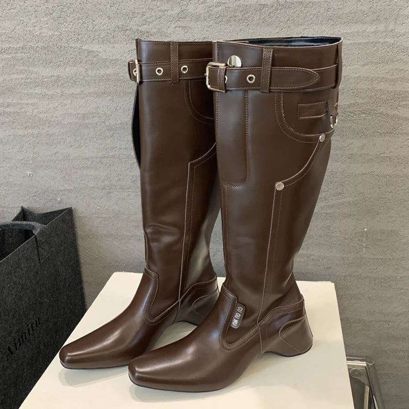 Street Style Wedges Heels Belt Buckle Designer Knee High Boots