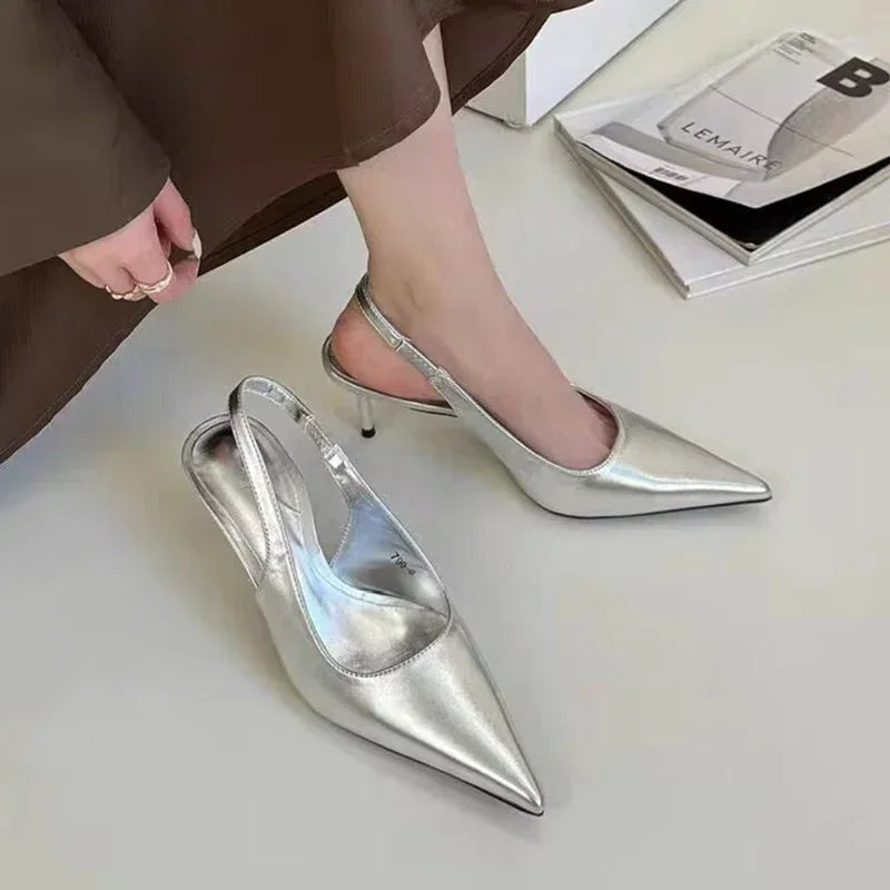 Elegant Silver Slingbacks Pointed Party Solid Stylish Low Heel Pumps