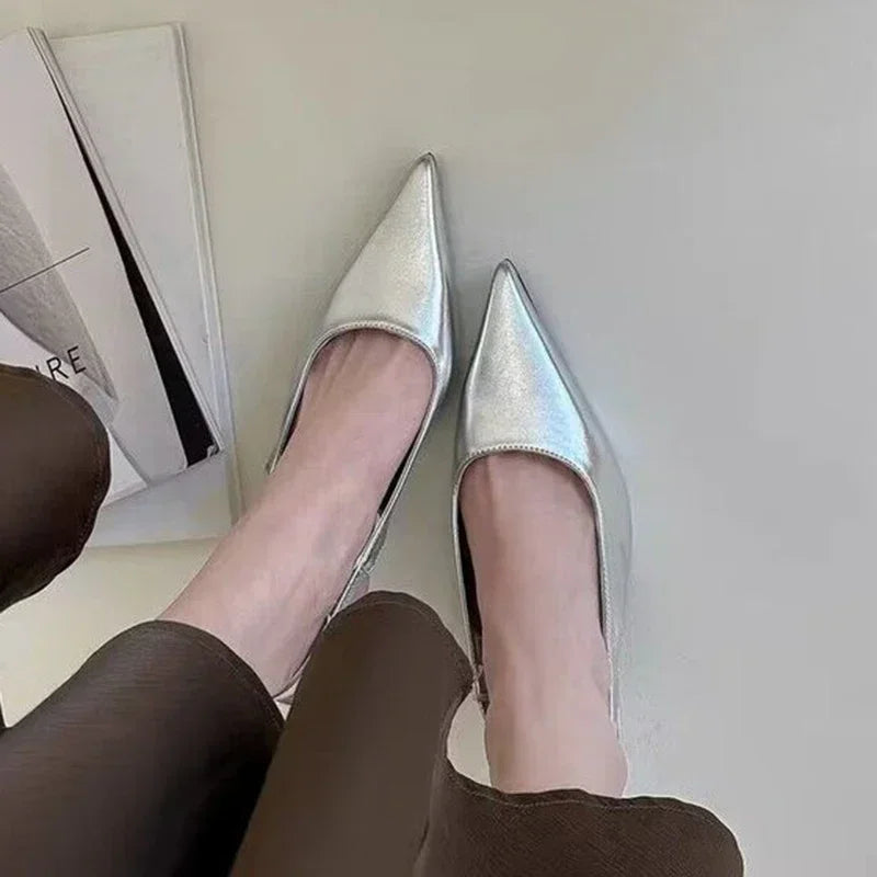 Elegant Silver Slingbacks Pointed Party Solid Stylish Low Heel Pumps