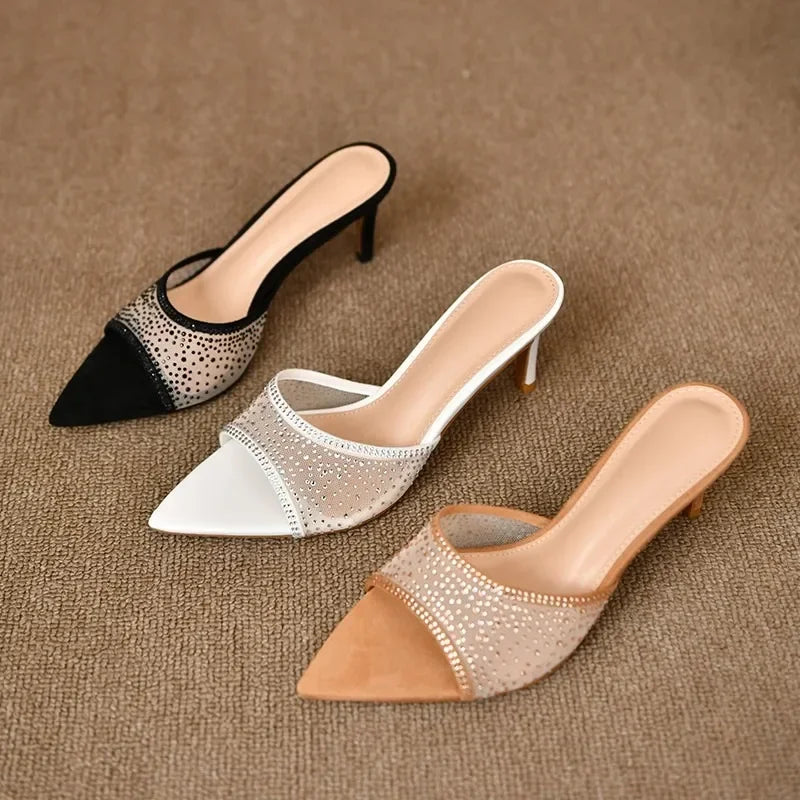 Retro High Elegant Pointed Versatile Party Women's Slippers Large Size Low Heel Pumps