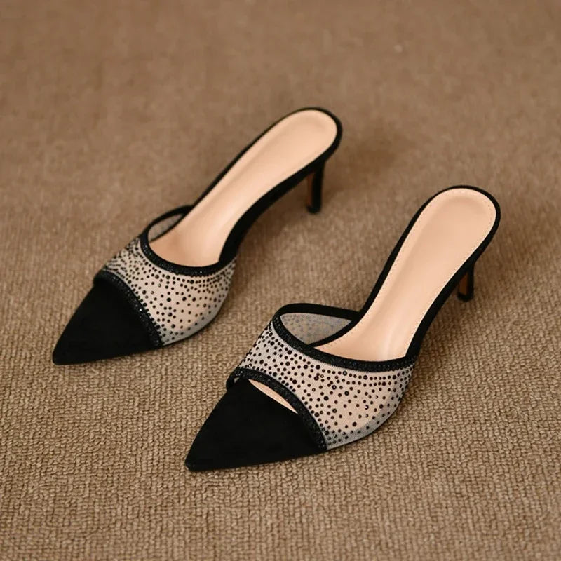Retro High Elegant Pointed Versatile Party Women's Slippers Large Size Low Heel Pumps