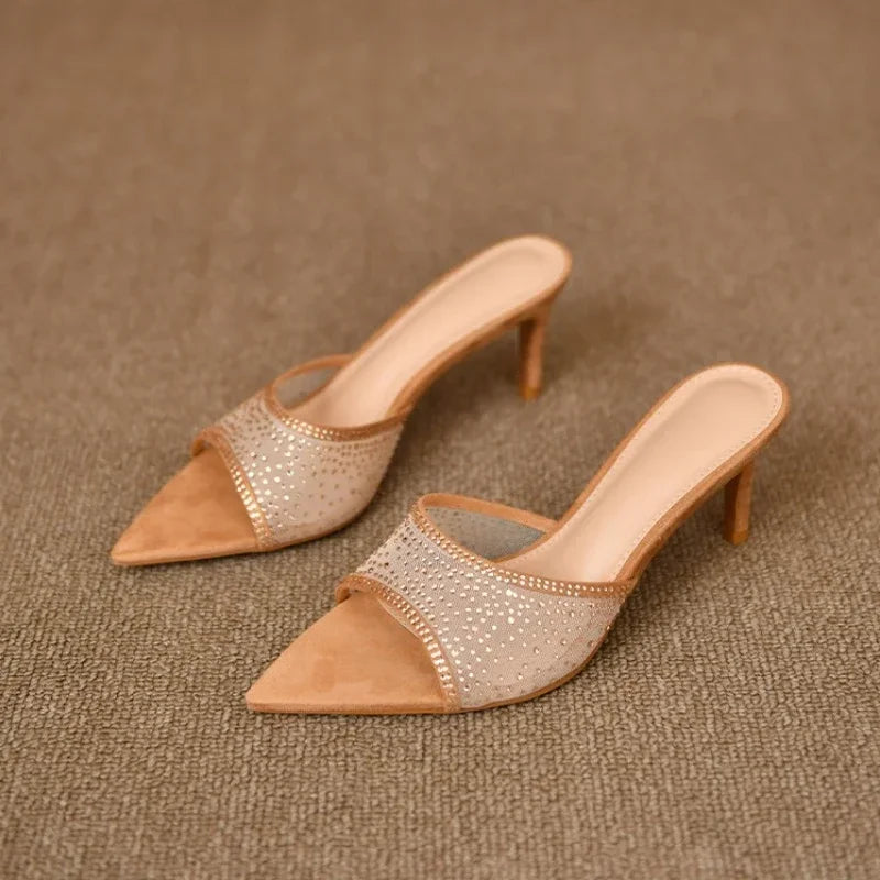 Retro High Elegant Pointed Versatile Party Women's Slippers Large Size Low Heel Pumps