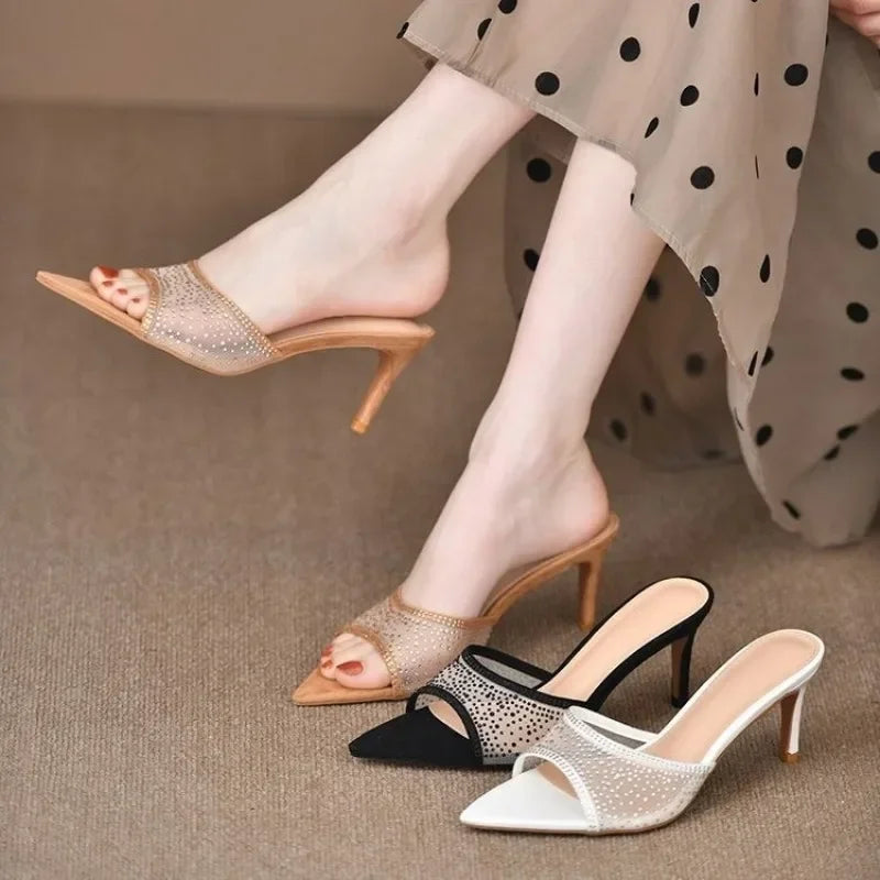 Retro High Elegant Pointed Versatile Party Women's Slippers Large Size Low Heel Pumps