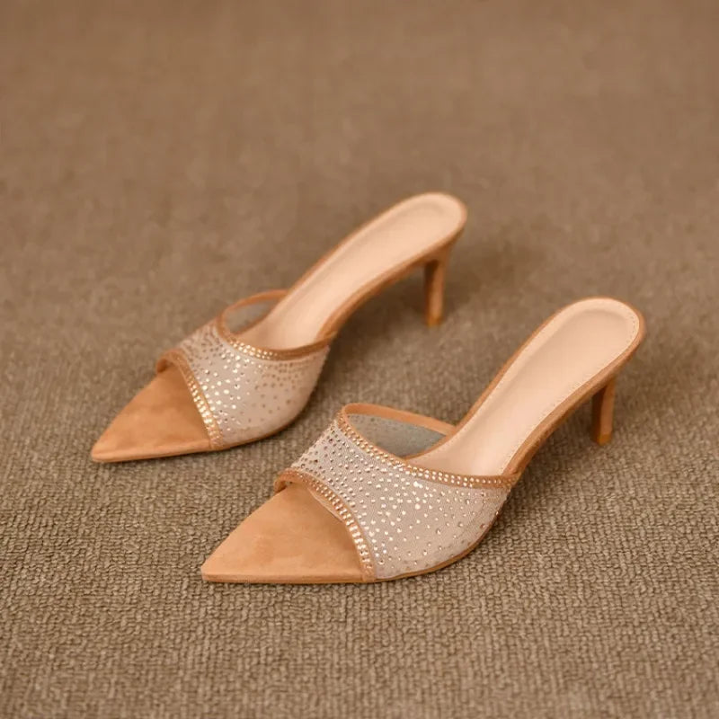 Retro High Elegant Pointed Versatile Party Women's Slippers Large Size Low Heel Pumps