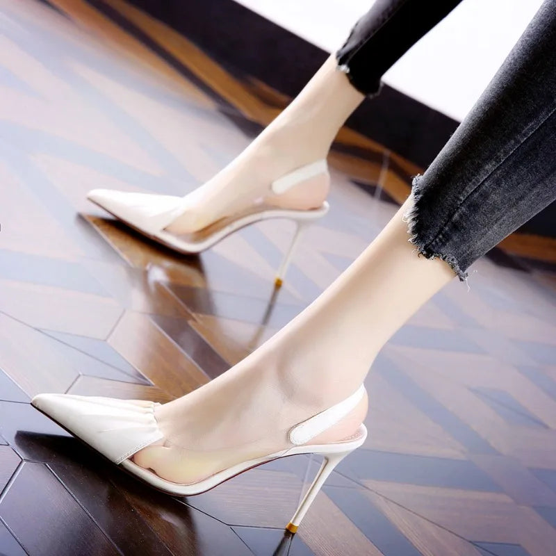 Pleated Pointed Thin Heeled Back Empty Shallow Fairy Style High Heel
