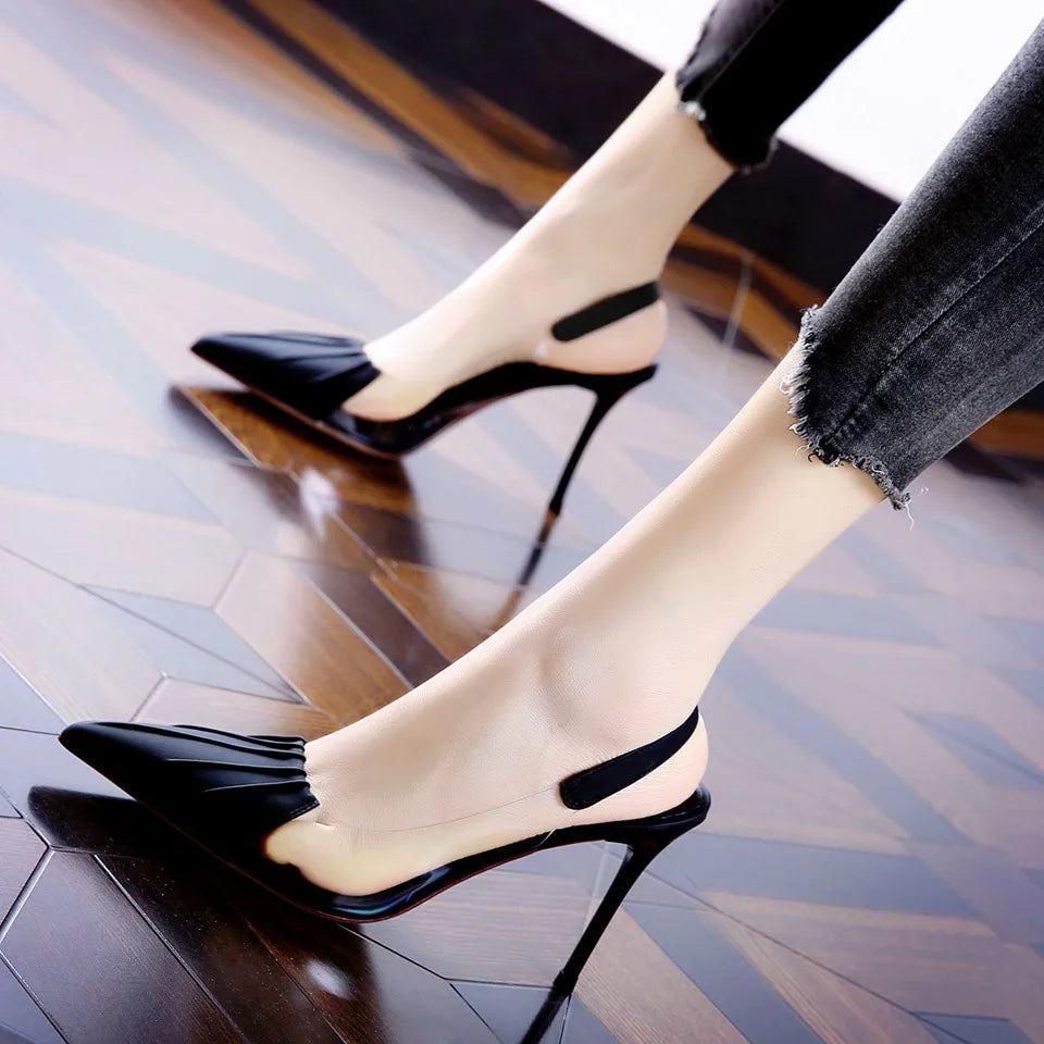Pleated Pointed Thin Heeled Back Empty Shallow Fairy Style High Heel