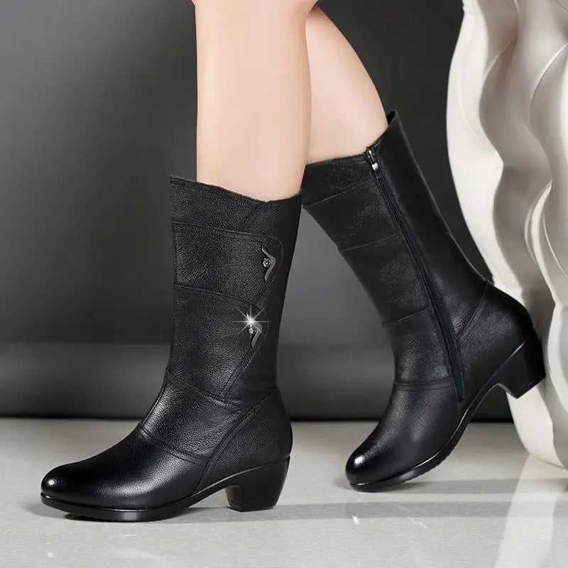 Black Middle Korean Low Heel Solid Fleece Warm Anti Skid Ankle Boot