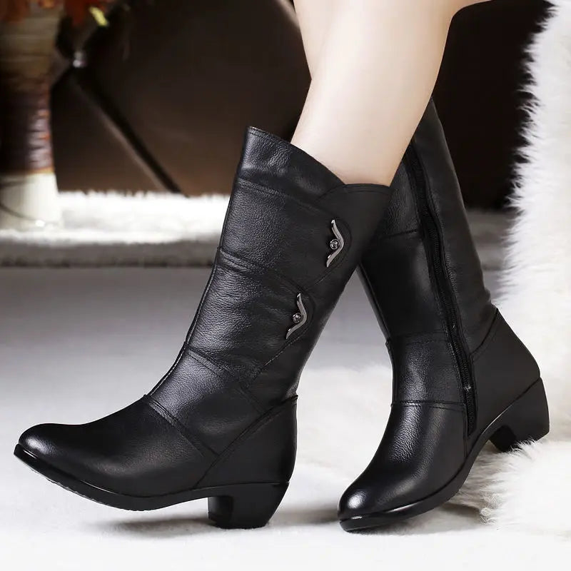 Black Middle Korean Low Heel Solid Fleece Warm Anti Skid Ankle Boot