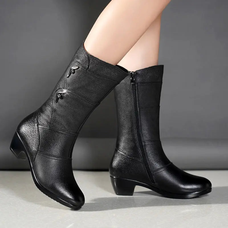 Black Middle Korean Low Heel Solid Fleece Warm Anti Skid Ankle Boot
