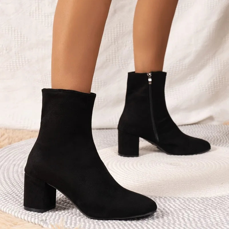 Knitted Stretch Sewing Square Heels Ankle Boot