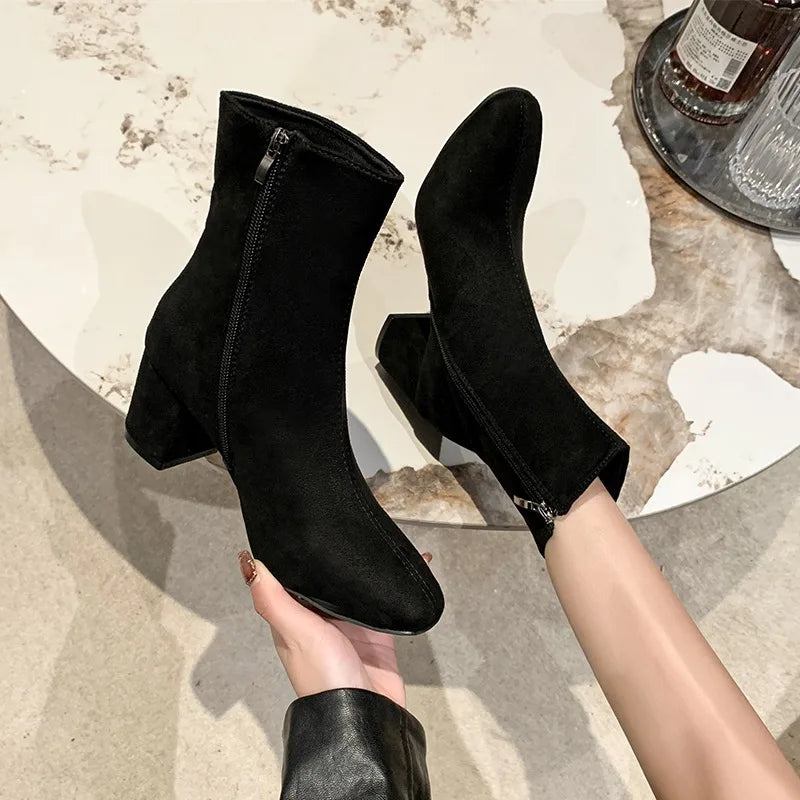 Knitted Stretch Sewing Square Heels Ankle Boot