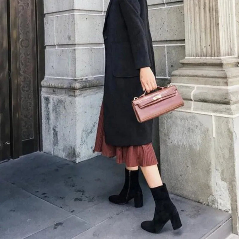 Knitted Stretch Sewing Square Heels Ankle Boot