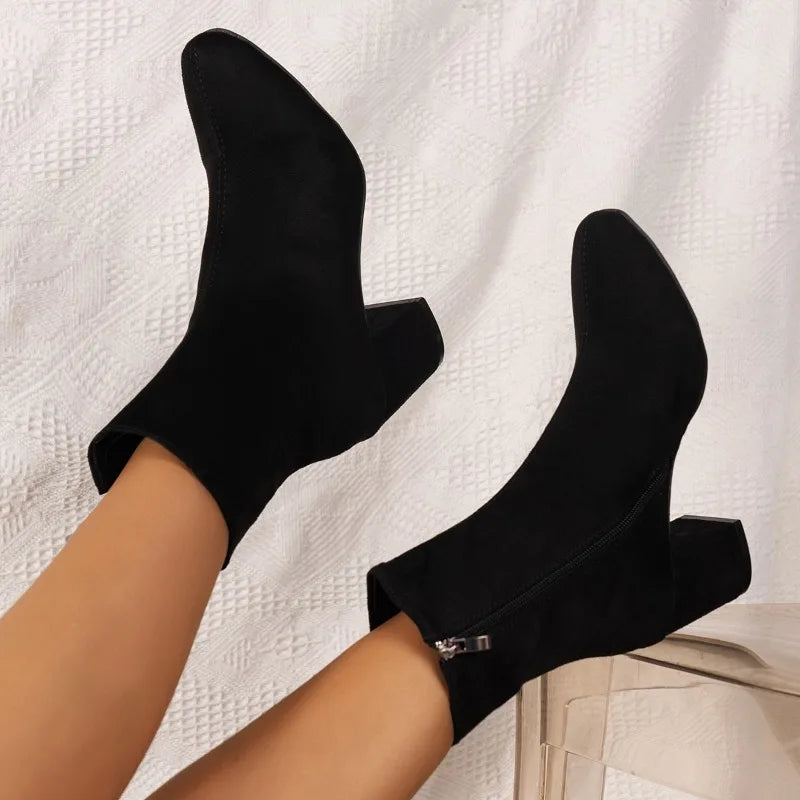 Knitted Stretch Sewing Square Heels Ankle Boot