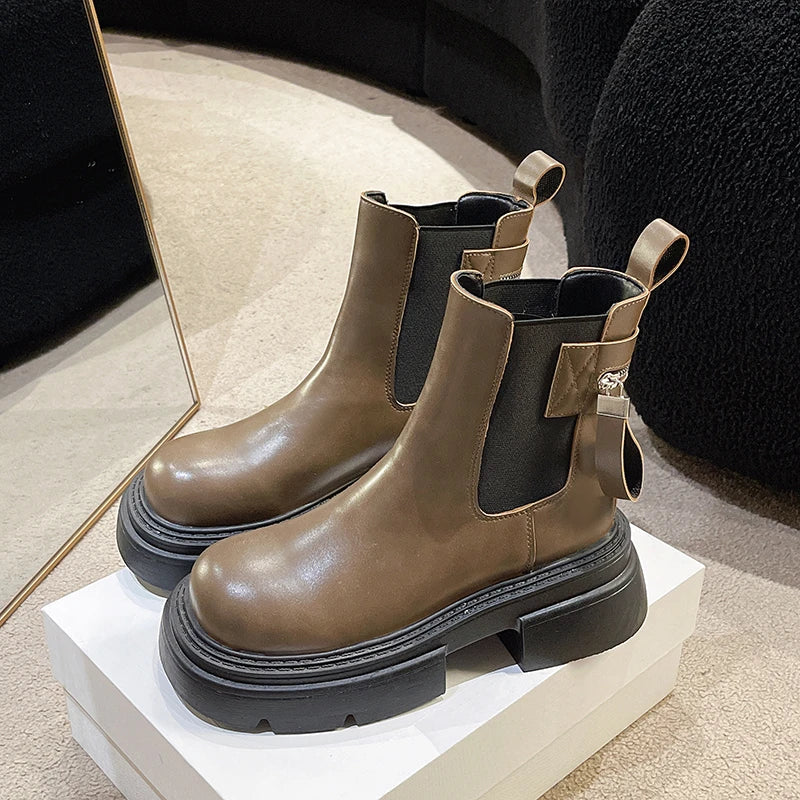 Pu Platform Modern Round Toe Stretch Ankle Boot