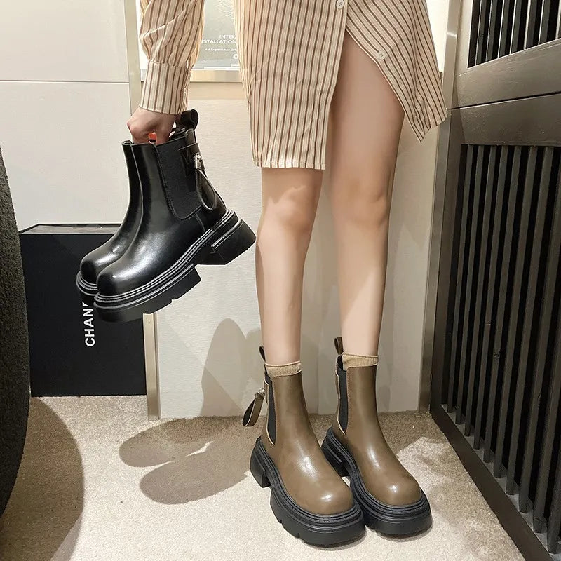 Pu Platform Modern Round Toe Stretch Ankle Boot