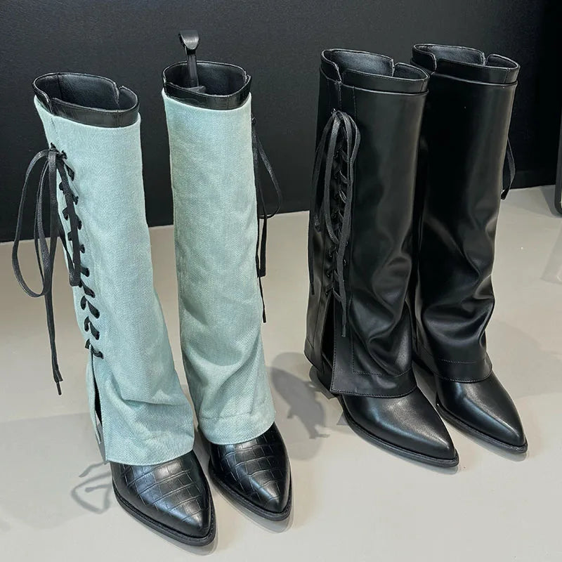 Pointed Toe Heels Designer Lace Up Footwear Western Knee High Boots