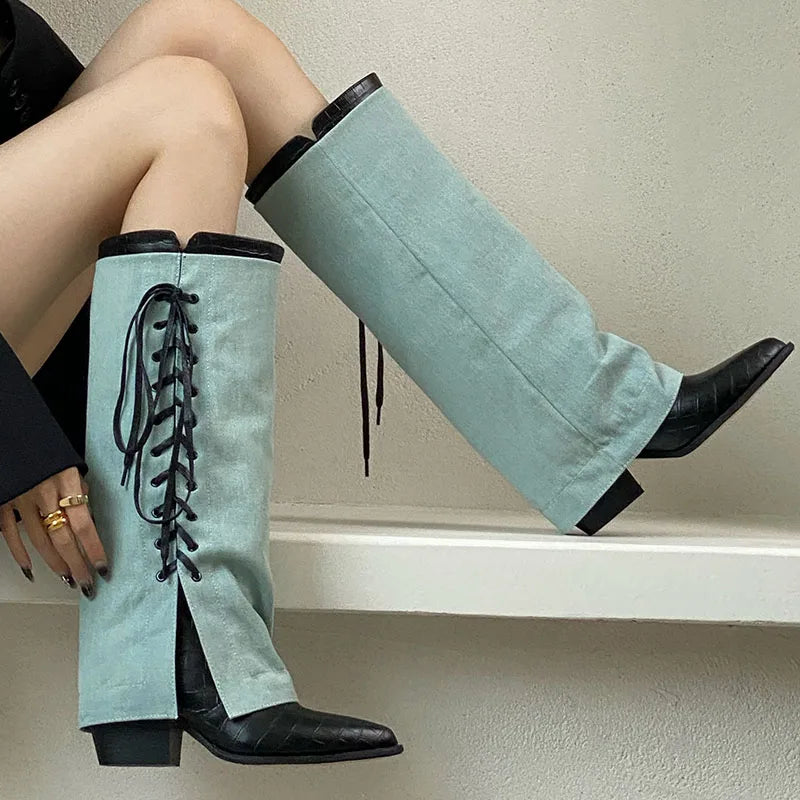 Pointed Toe Heels Designer Lace Up Footwear Western Knee High Boots