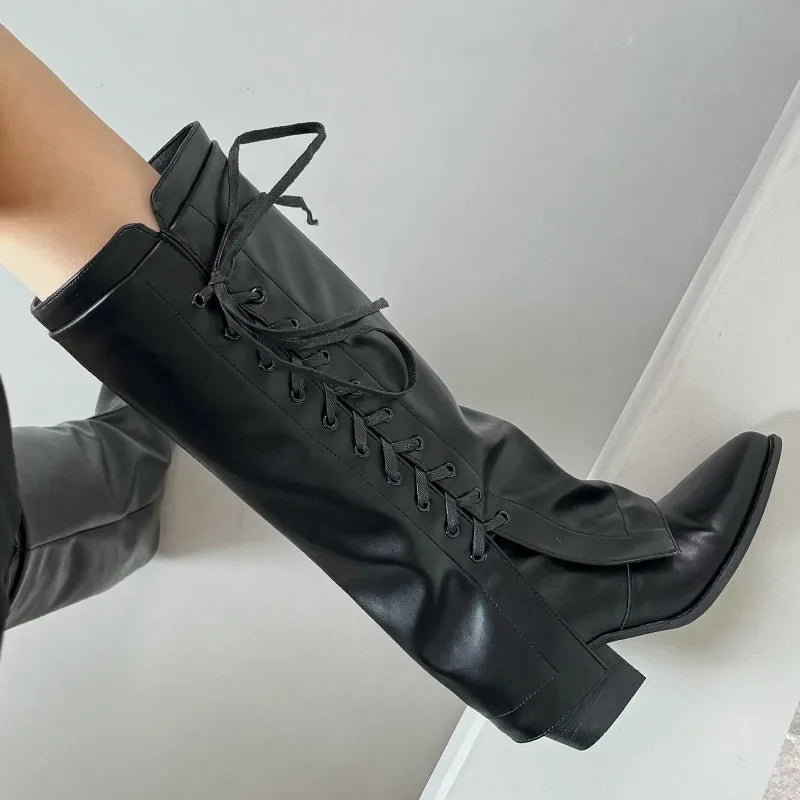 Pointed Toe Heels Designer Lace Up Footwear Western Knee High Boots