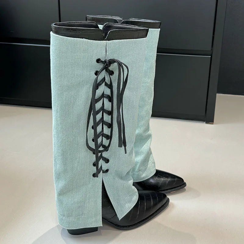 Pointed Toe Heels Designer Lace Up Footwear Western Knee High Boots