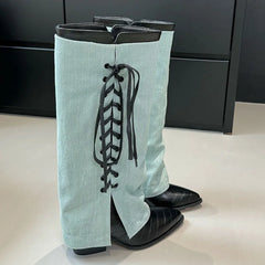 Pointed Toe Heels Designer Lace Up Footwear Western Knee High Boots
