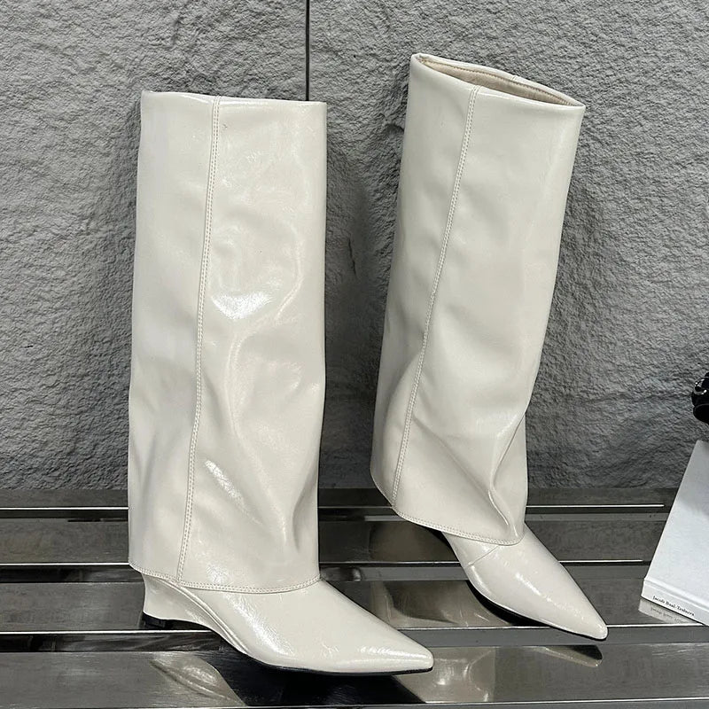 Pointed Toe Slip On Wedges Modern Long Knee High Boots