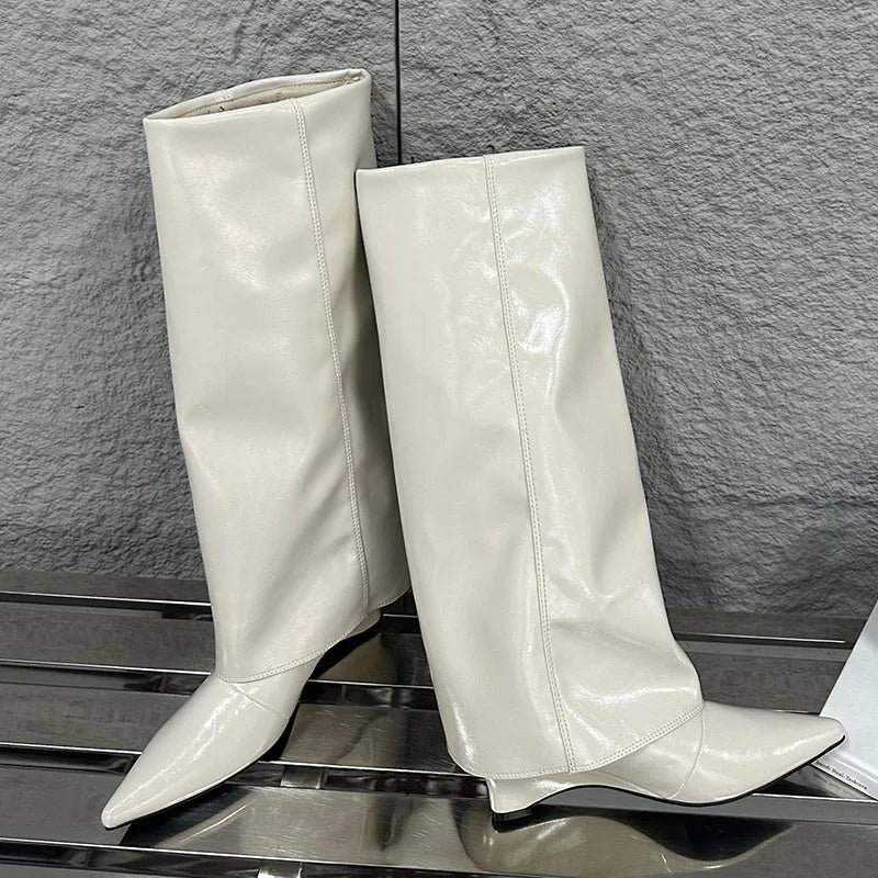 Pointed Toe Slip On Wedges Modern Long Knee High Boots
