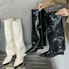 Pointed Toe Slip On Wedges Modern Long Knee High Boots