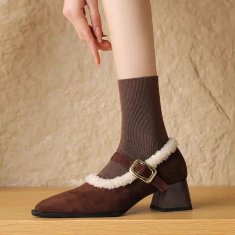 Pointed Toe New Comfortable Square Shal Mouth Plush Warm High Low Heel Pumps