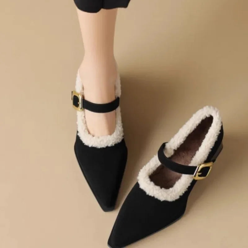 Pointed Toe New Comfortable Square Shal Mouth Plush Warm High Low Heel Pumps