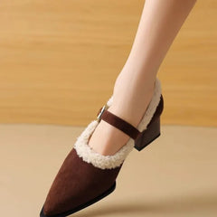 Pointed Toe New Comfortable Square Shal Mouth Plush Warm High Low Heel Pumps