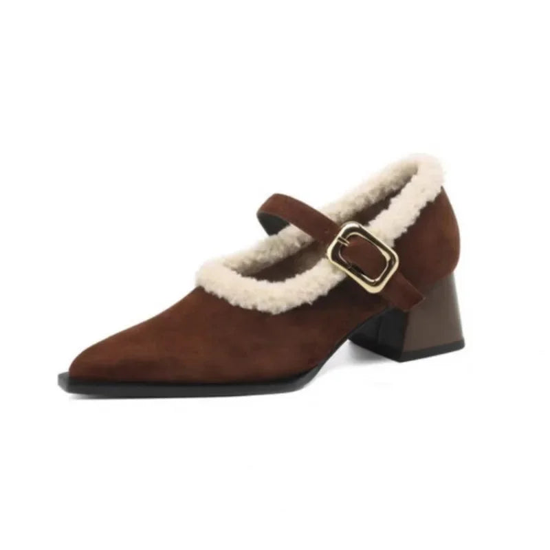 Pointed Toe New Comfortable Square Shal Mouth Plush Warm High Low Heel Pumps