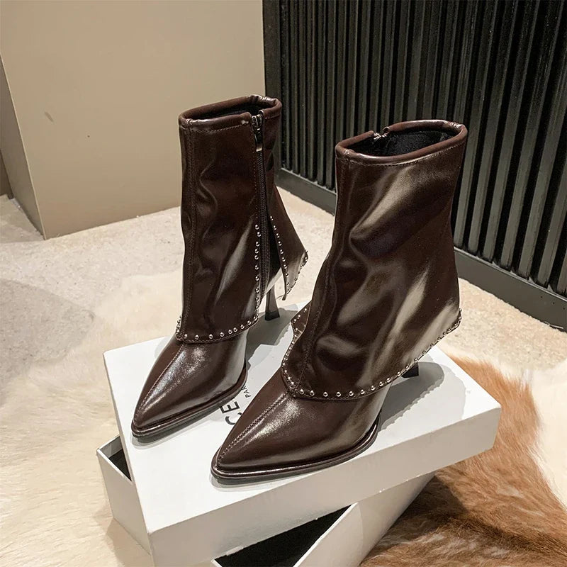 Side Zipper Pointed Toe Solid Short Stilettos Ankle Boot