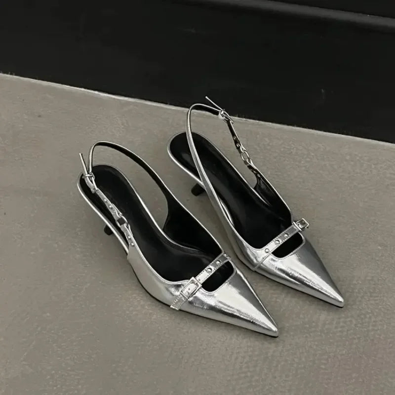 Slingback Meds Rivet Elegant Pointed Toe Mules Low Heel Pumps