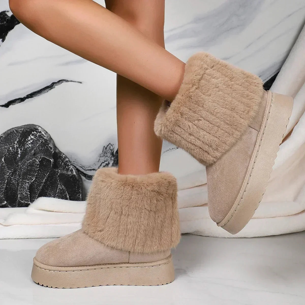 Round Toe Warm Thickened Plush Beige Mid-calf Boots Thick Sole Casual Comfortable Anti-slip Snow Boot