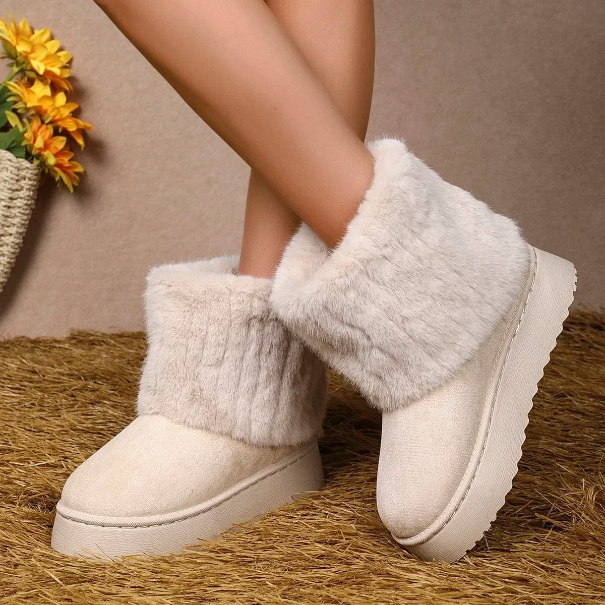 Round Toe Warm Thickened Plush Beige Mid-calf Boots Thick Sole Casual Comfortable Anti-slip Snow Boot