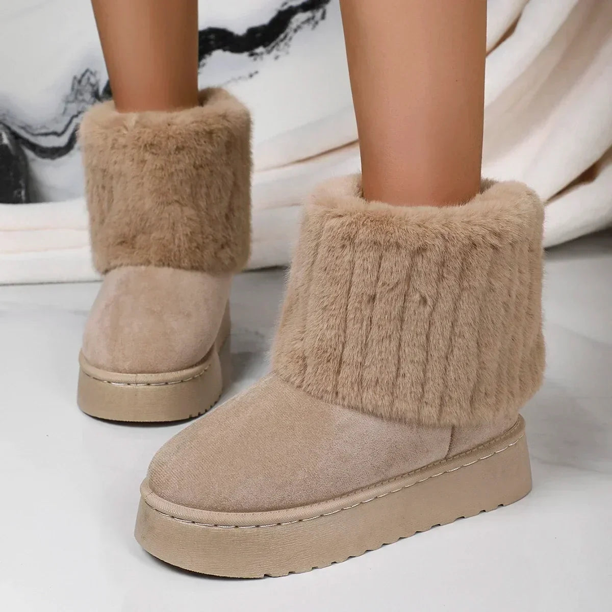 Round Toe Warm Thickened Plush Beige Mid-calf Boots Thick Sole Casual Comfortable Anti-slip Snow Boot
