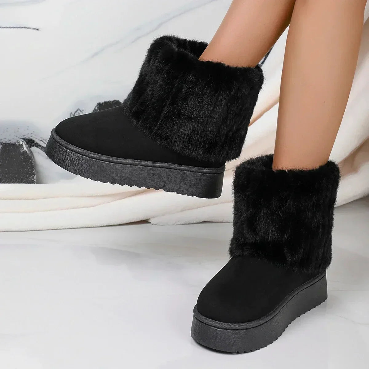 Round Toe Warm Thickened Plush Beige Mid-calf Boots Thick Sole Casual Comfortable Anti-slip Snow Boot