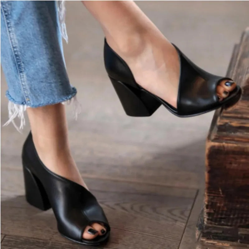 Pink Stylish Open Toe Comfortable New Chunky High Low Heel Pumps