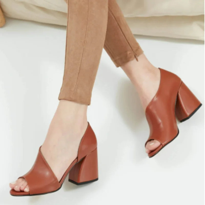 Pink Stylish Open Toe Comfortable New Chunky High Low Heel Pumps