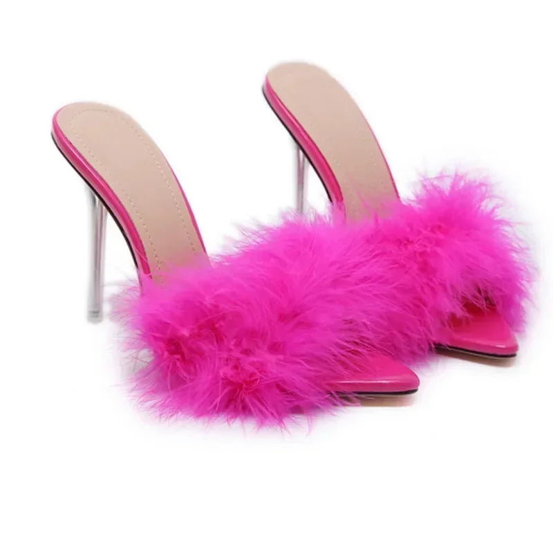 Feather decorated Thin high heel peep toe pointed party High Heel
