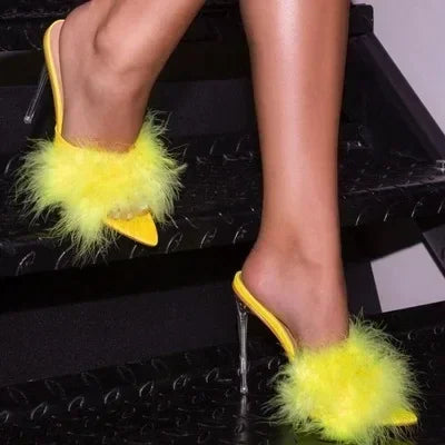 Feather decorated Thin high heel peep toe pointed party High Heel