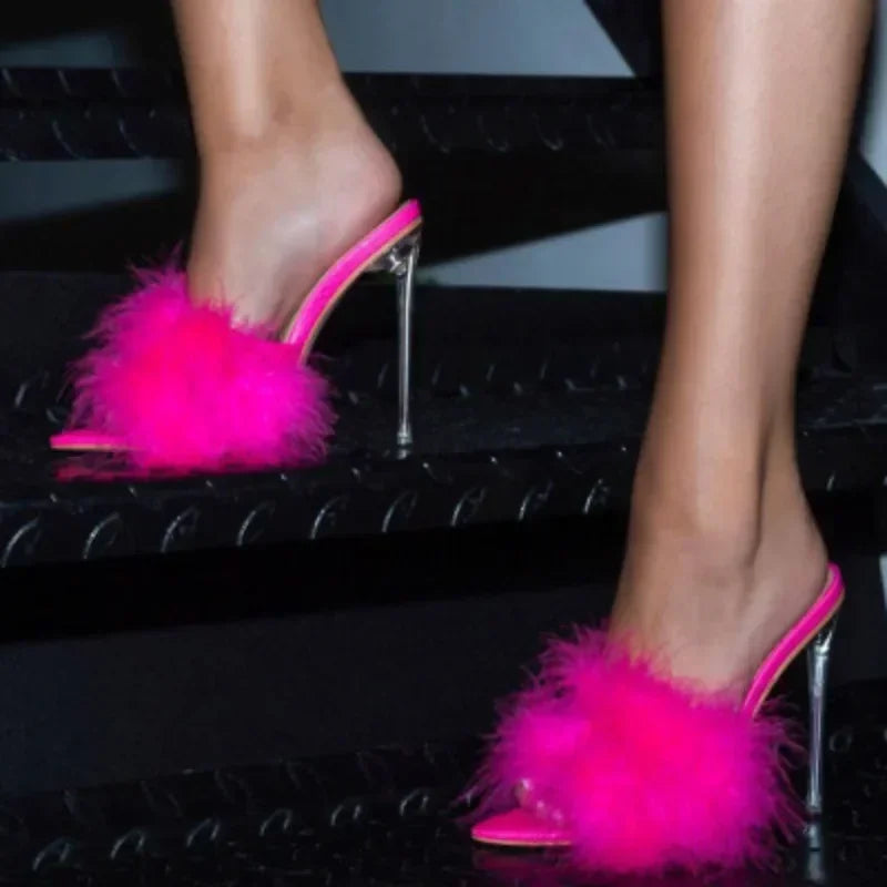 Feather decorated Thin high heel peep toe pointed party High Heel