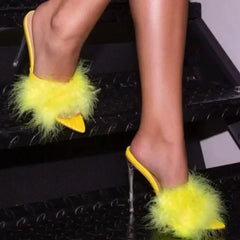 Feather decorated Thin high heel peep toe pointed party High Heel